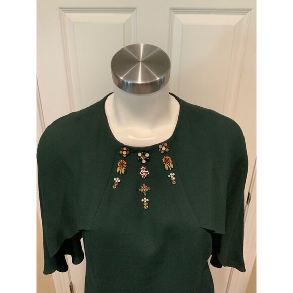 Megan Park Dark Green Cape Sleeve Bejeweled Dress, Size 2 - Picture 2 of 6